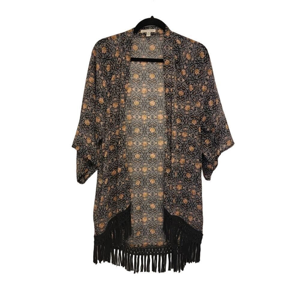 American Eagle Floral Fringe Short Sleeve Open Front Kimono Beach Cover
